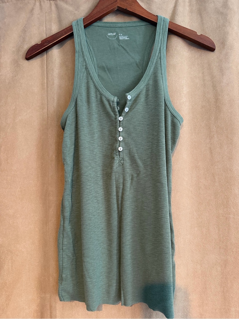 aerie Olive Ribbed Henley Tank in Sage Green